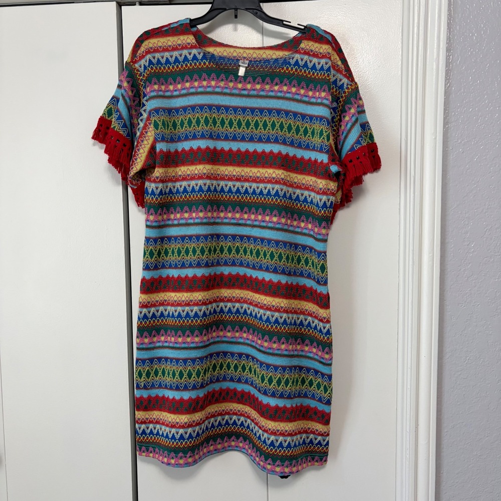 Uncle Frank Womens Multi Color Geometric Embroidered Fringe Shift Dress Large